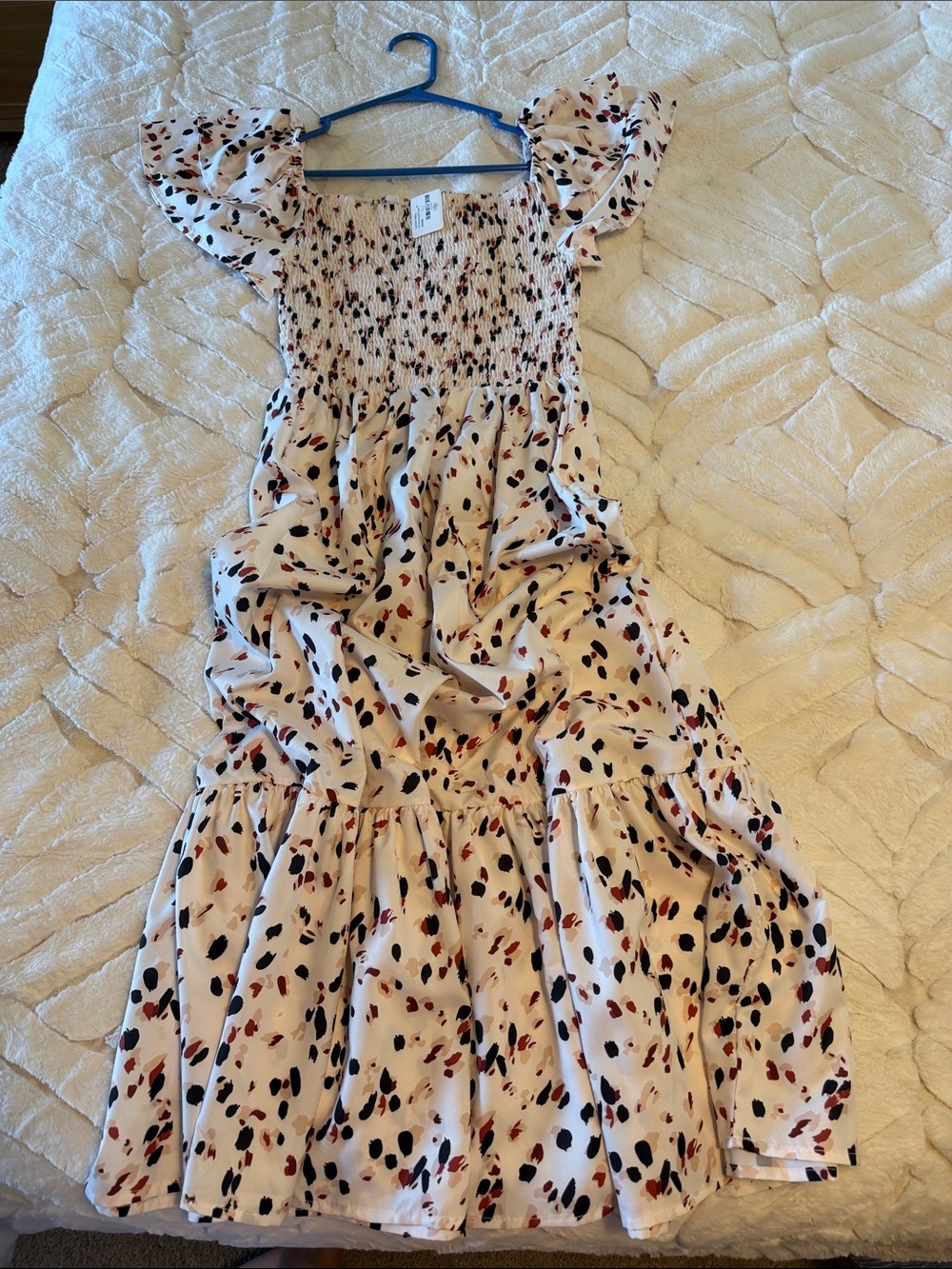 Girls' Smocked Tiered Dress in Cream with Black & Rust Spot Print